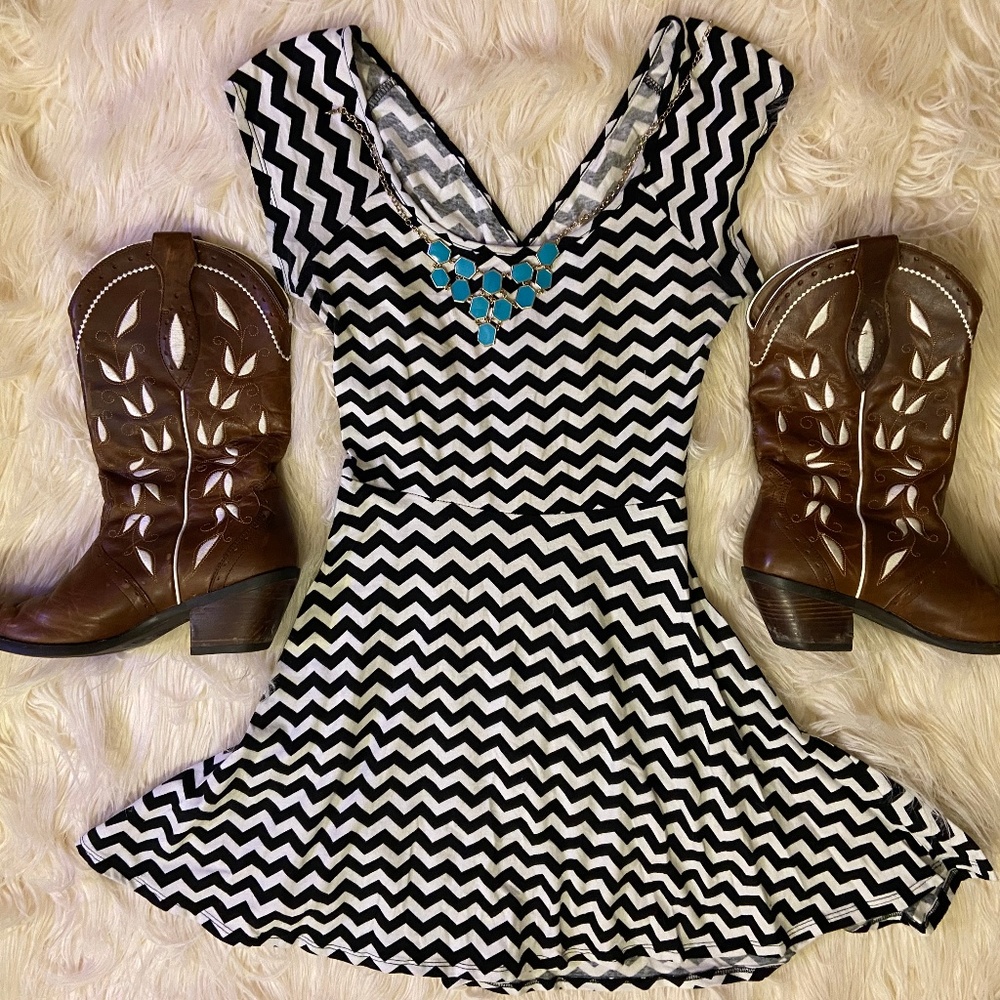 Chevron Skater Dress with crossed open back- L
